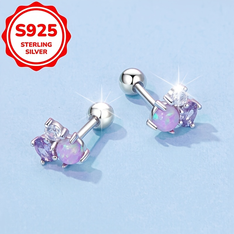 2pcs Women's Pink Iridescent Opal Stud Earrings, S925 Silver